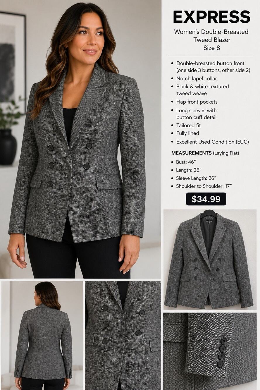 Express Women’s Blazer Size 8 Black & White Tweed Pattern Double Button Closure